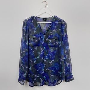 Mossimo Sheer Blouse Top Gray Blue Floral V-Neck Size Medium